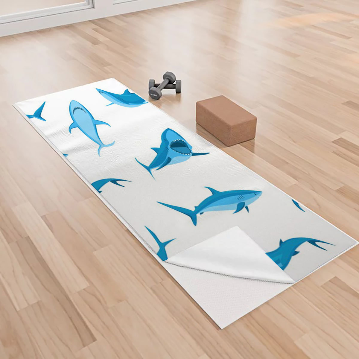 Blue Great White Shark On White Yoga Towels