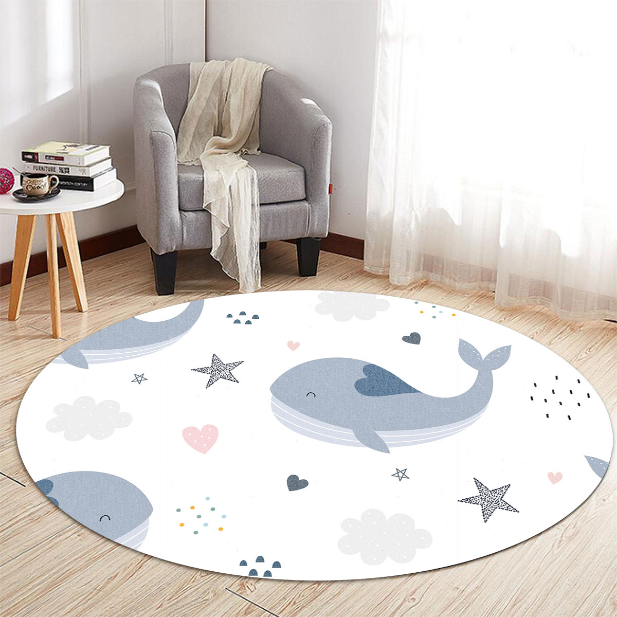 Cartoon Blue Whale Round Carpet