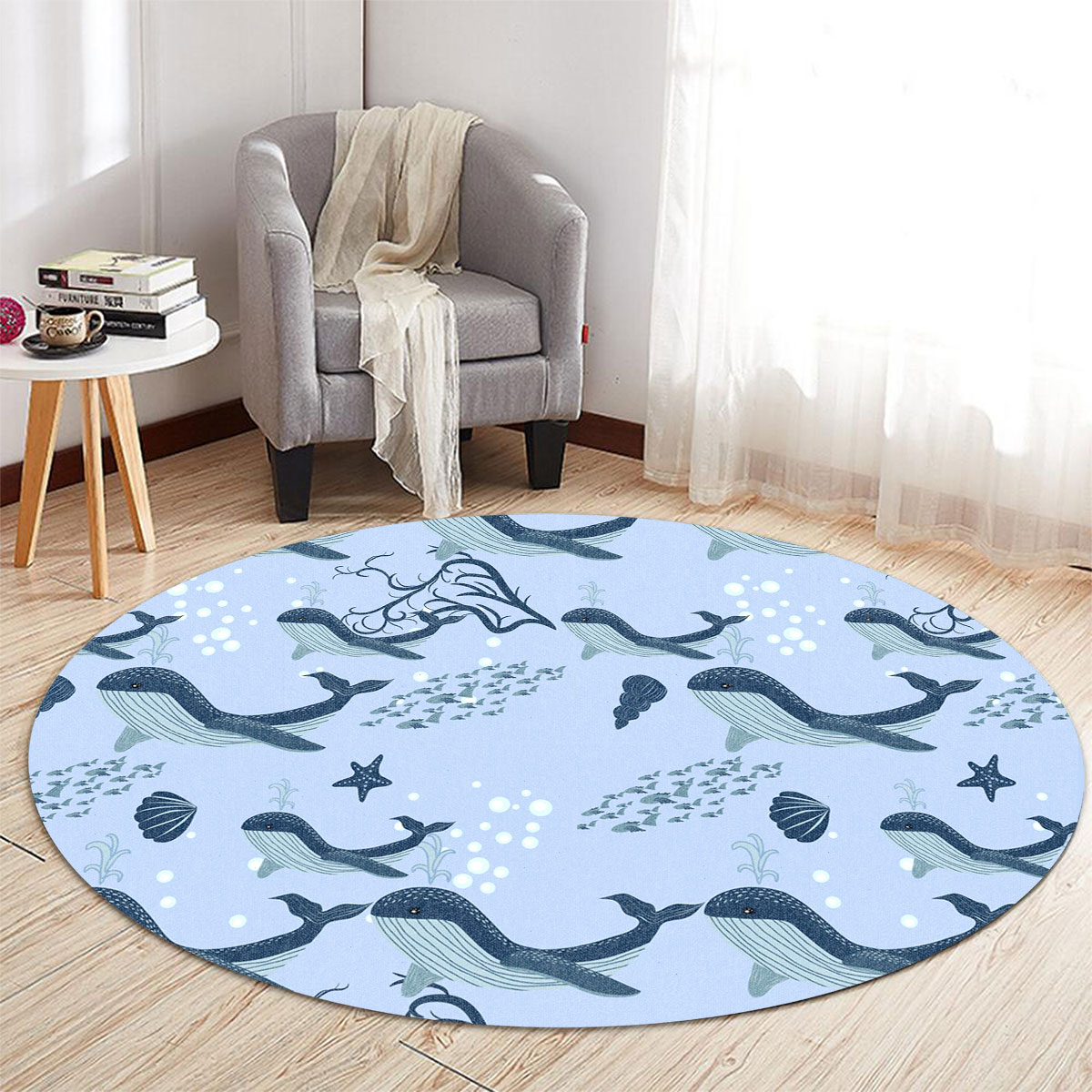 Cartoon Cute Blue Whale Round Carpet