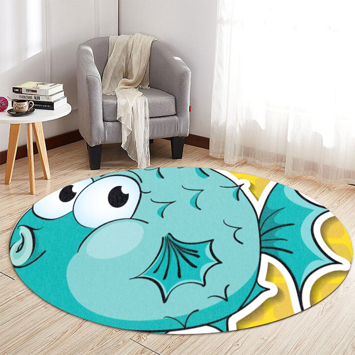 Cartoon Funny Puffer Fish Round Carpet