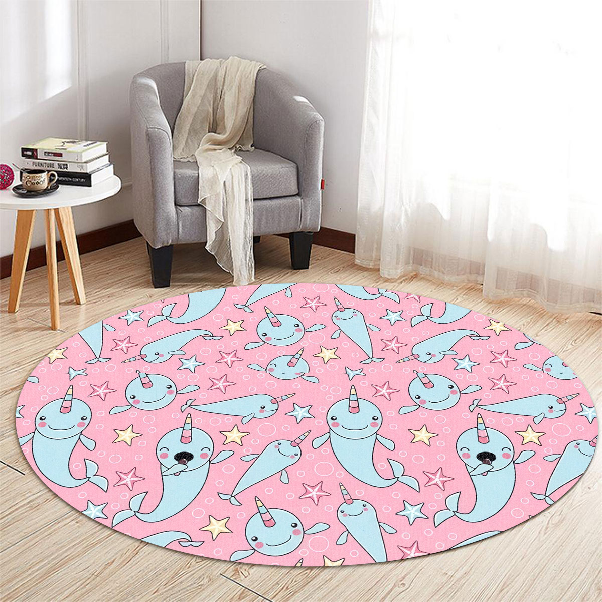 Cartoon Narwhal Pink Bubble Round Carpet