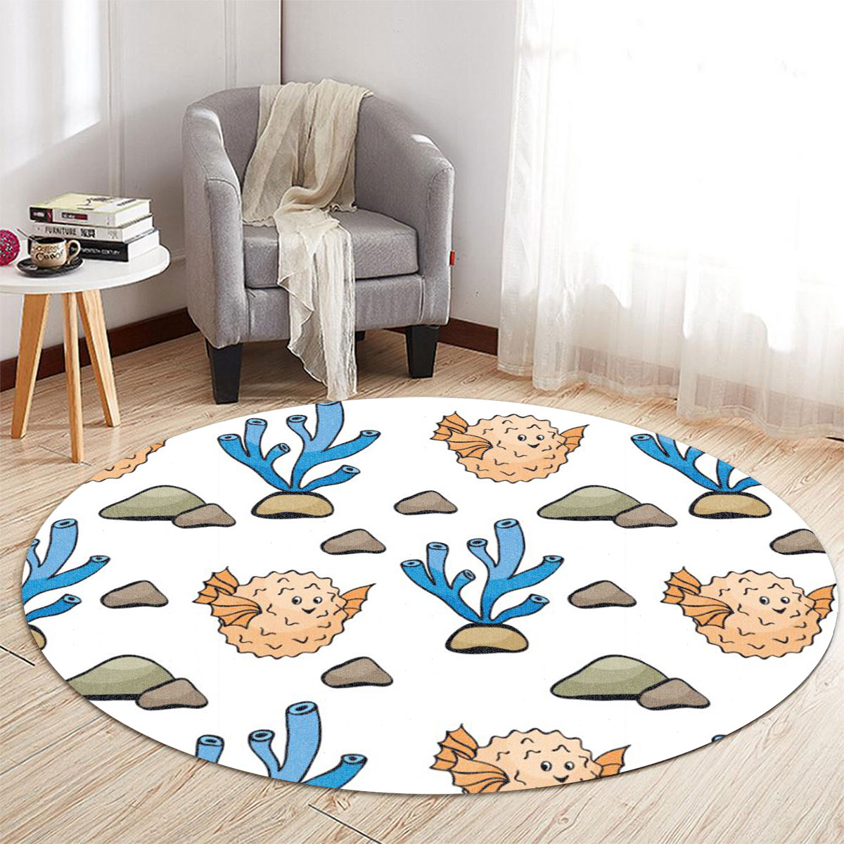 Cartoon Puffer Fish Monogram Round Carpet