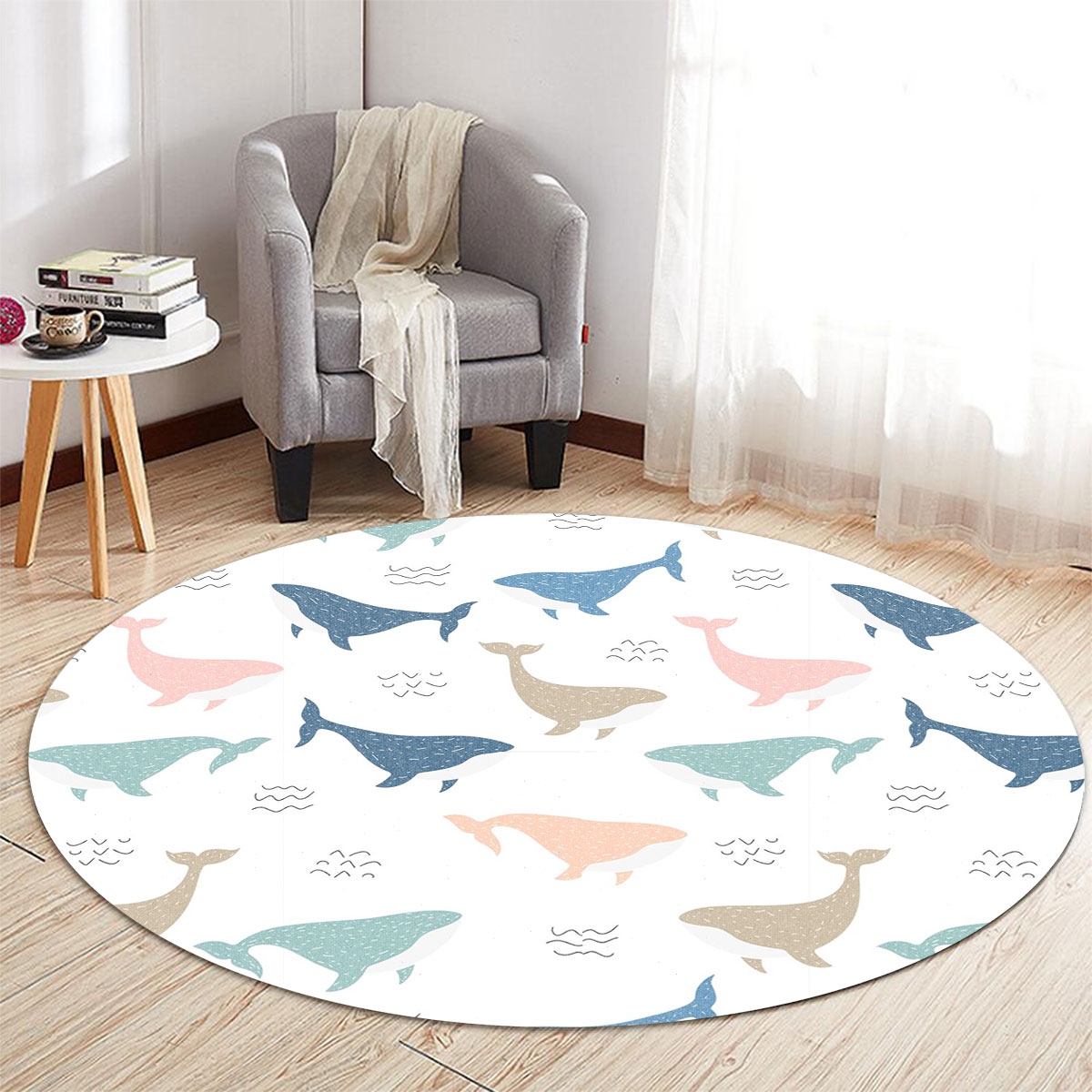 Colorful Blue Whale Round Carpet
