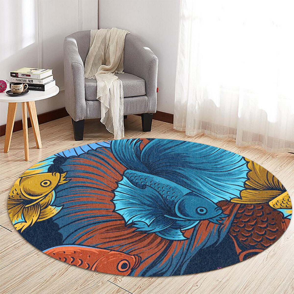 Colorful Cartoon Betta Fish Round Carpet