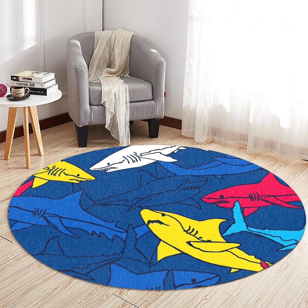 Colorful Great White Shark Round Carpet