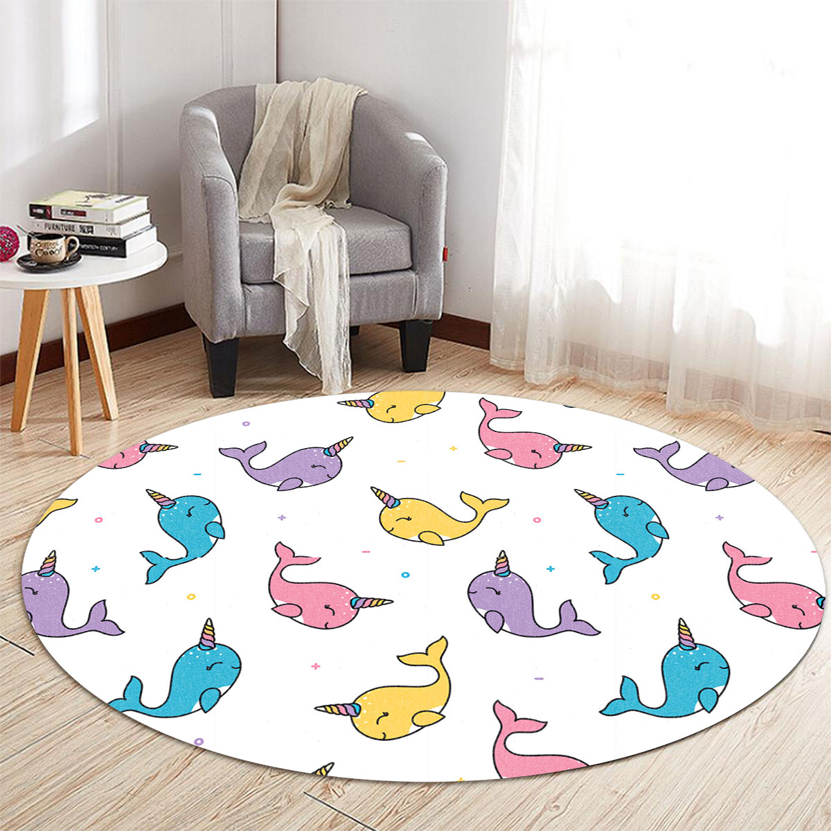 Colorful Happy Narwhal Round Carpet