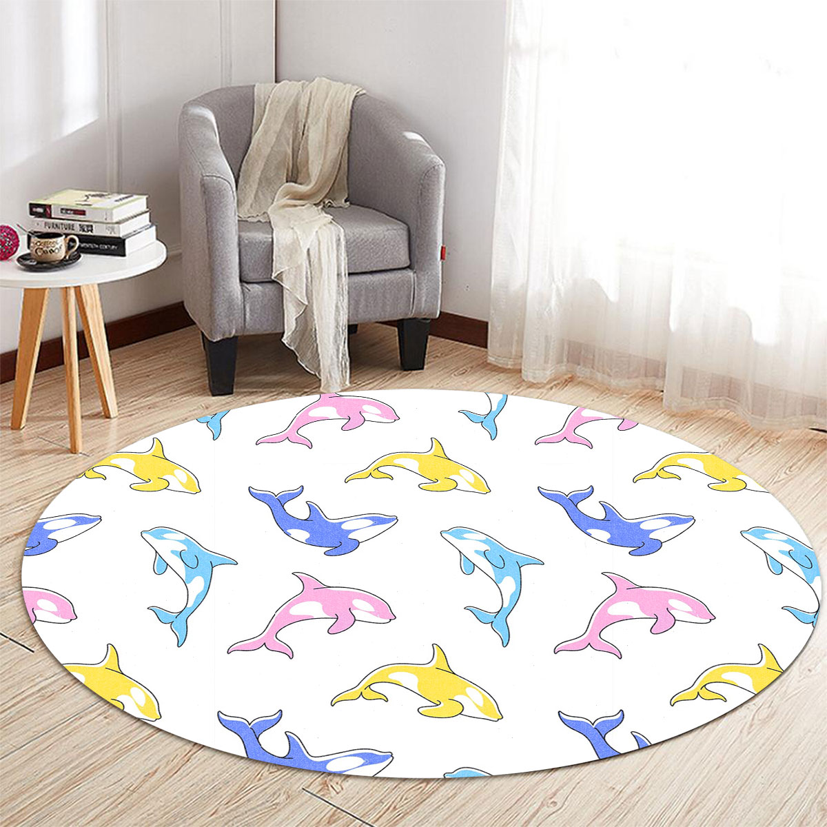 Colorful Orca Whale Round Carpet