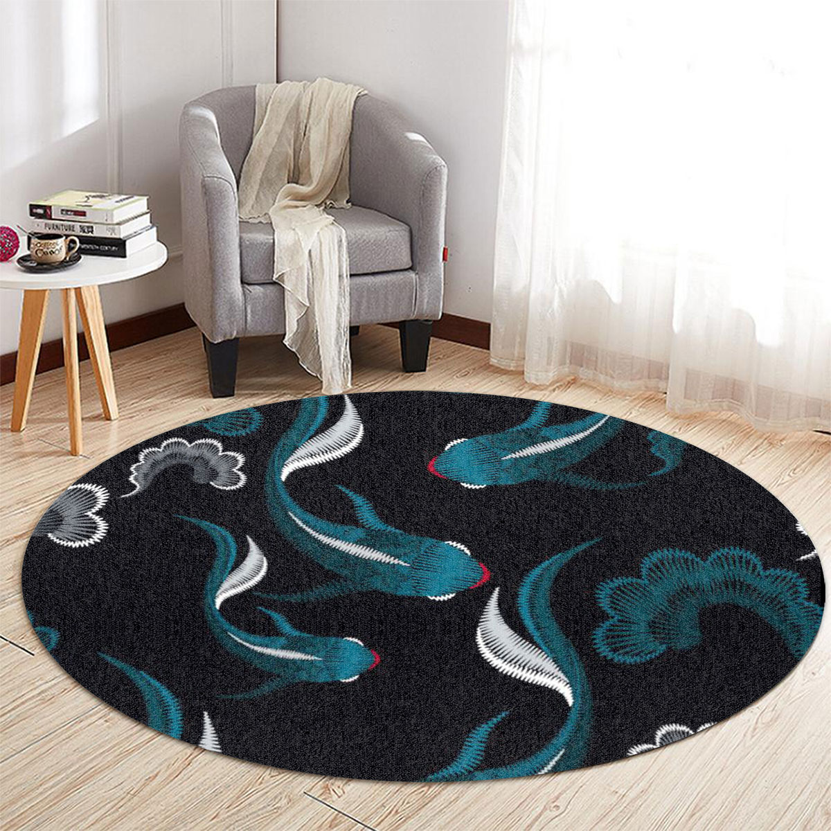 Dark Blue Koi Fish Round Carpet