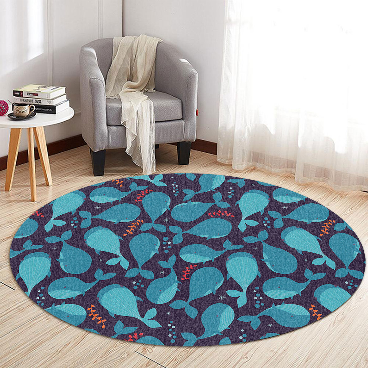 Dark Sea Blue Whale Round Carpet