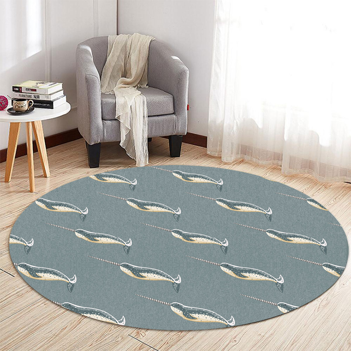 Deep Sea Narwhal On Teal Round Carpet