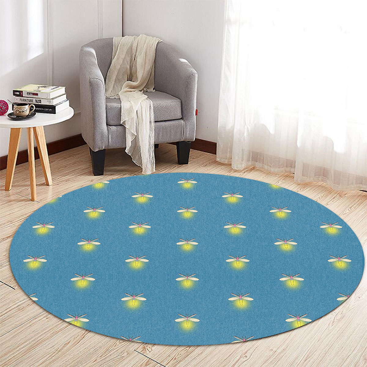 Fireflies On Blue Round Carpet