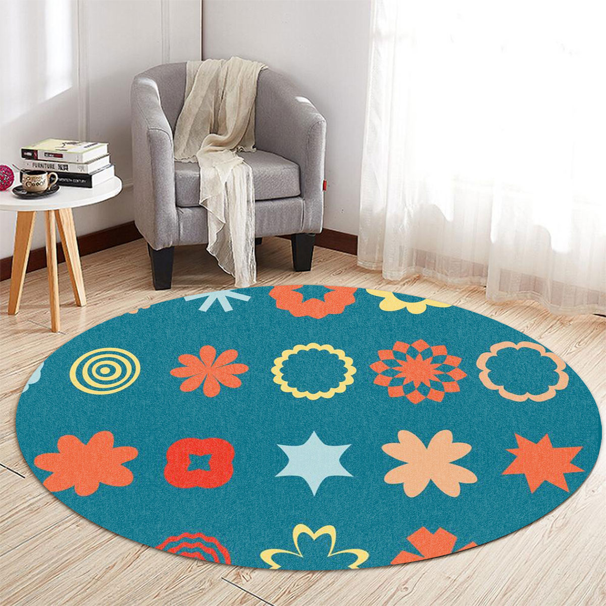 Floral Abstract Mid Century Modern Round Carpet