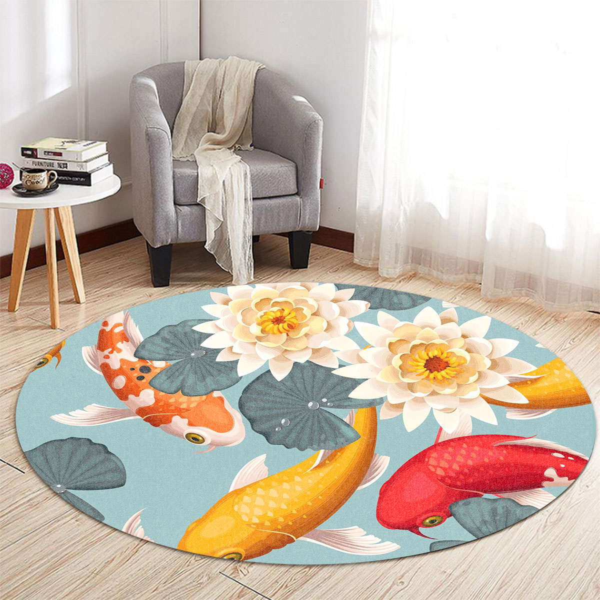 Flower Koi Fish Round Carpet