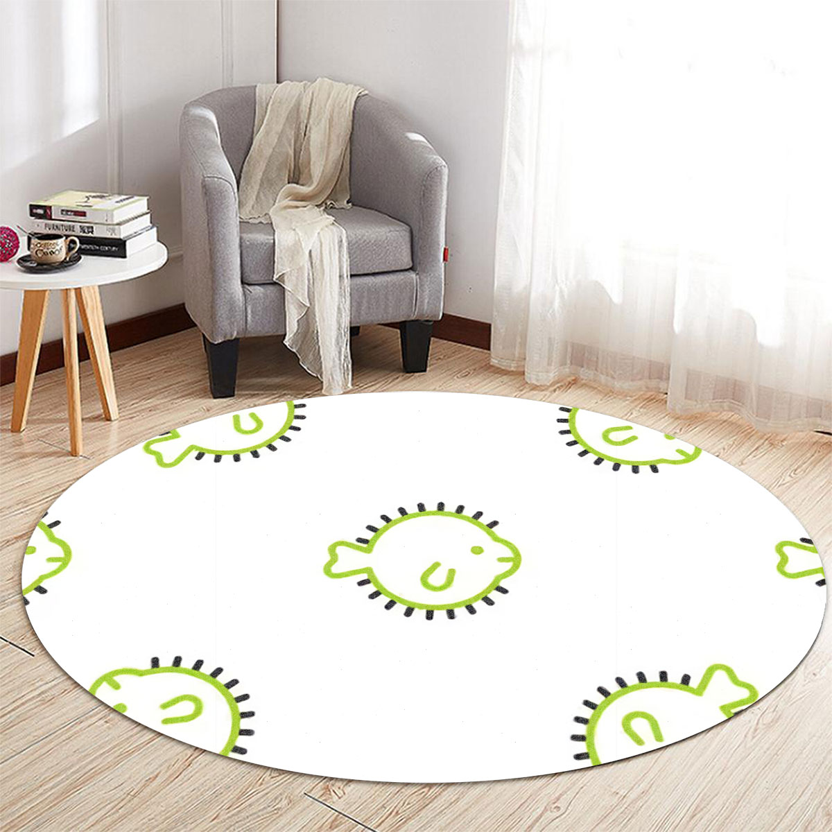 Funny Green Puffer Fish Round Carpet