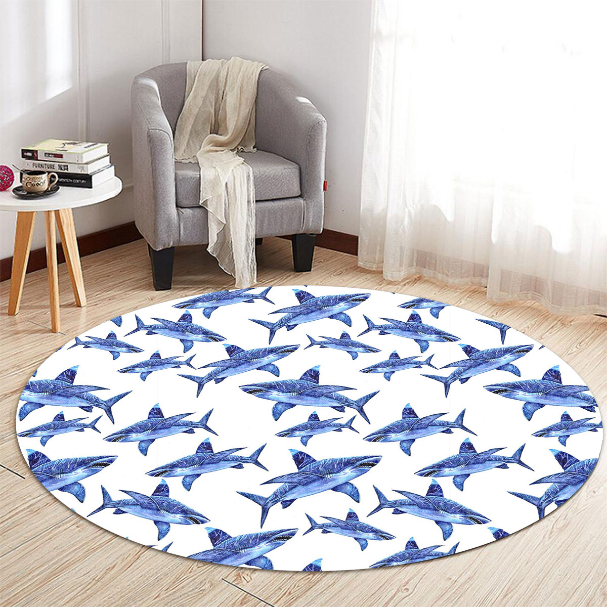 Great White Shark On White Round Carpet