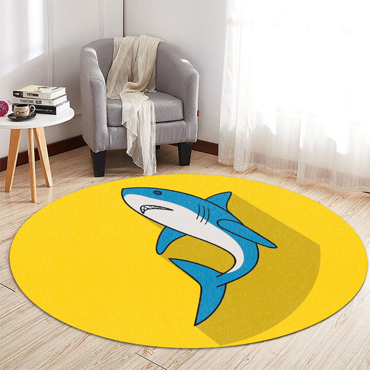 Great White Shark On Yellow Round Carpet