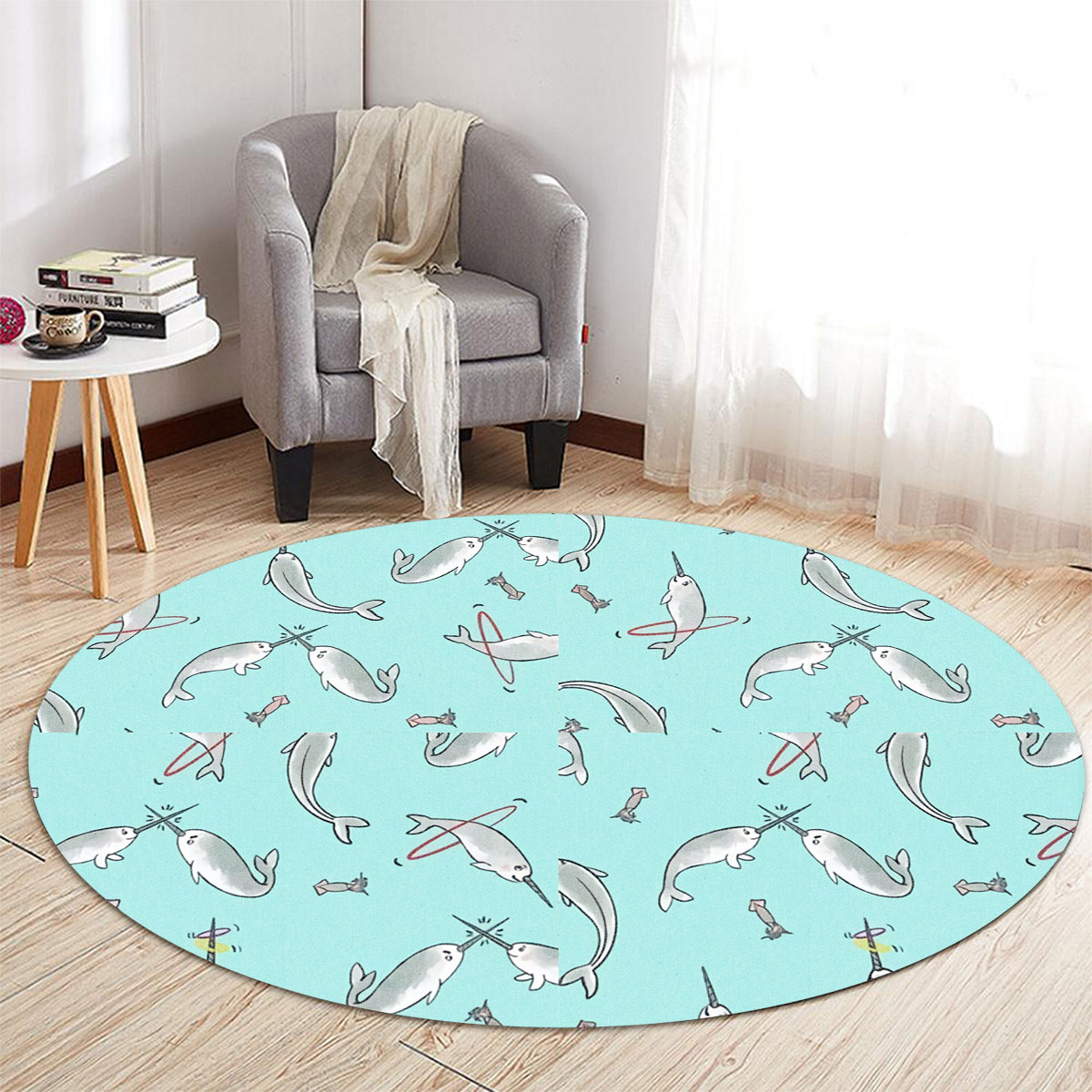Grey Narwhal On Blue Round Carpet