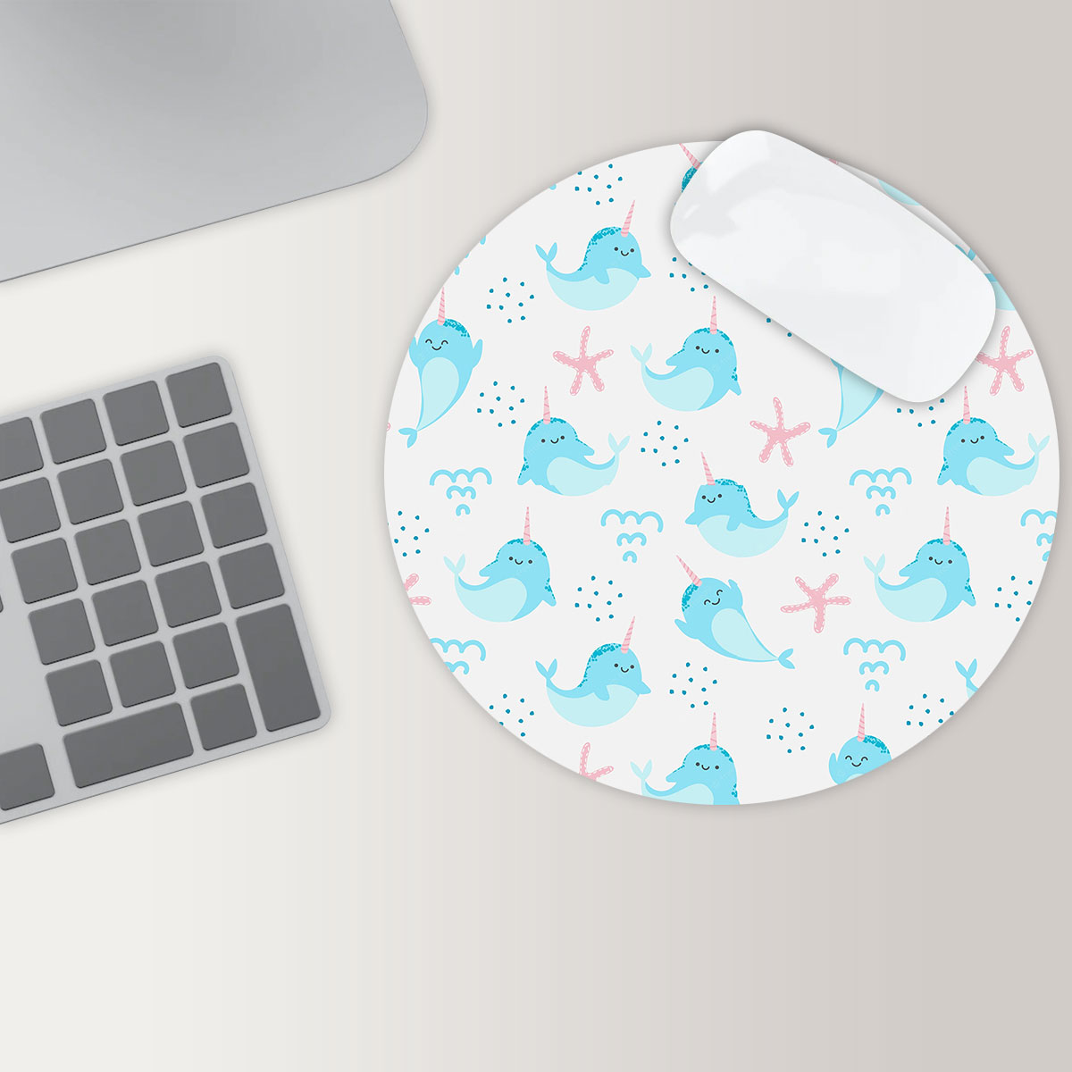 Cartoon Adorable Narwhal Round Mouse Pad