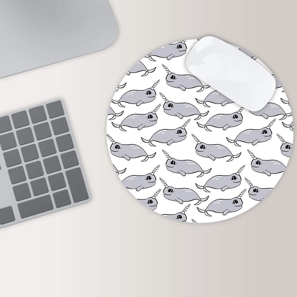 Cartoon Grey Narwhal Round Mouse Pad