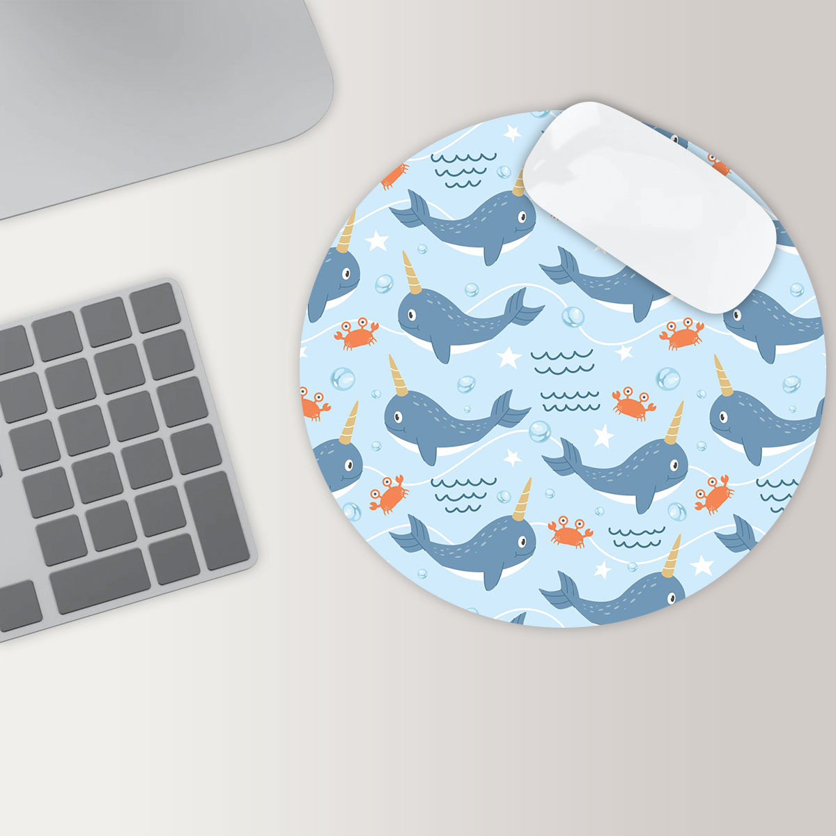 Cartoon Narwhal Round Mouse Pad