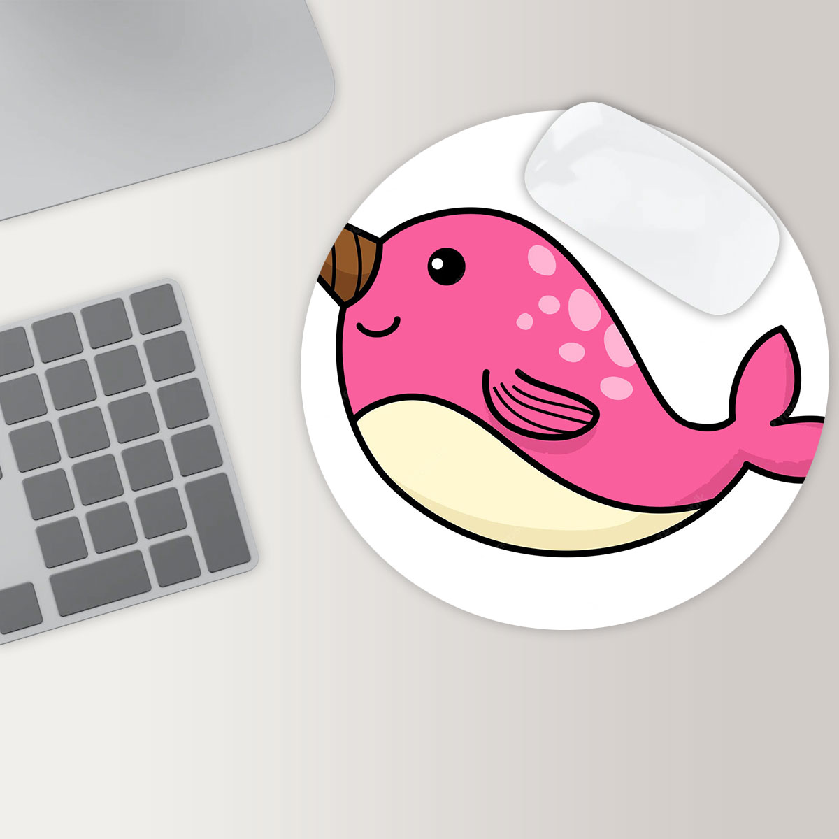Cartoon Pink Narwhal Round Mouse Pad