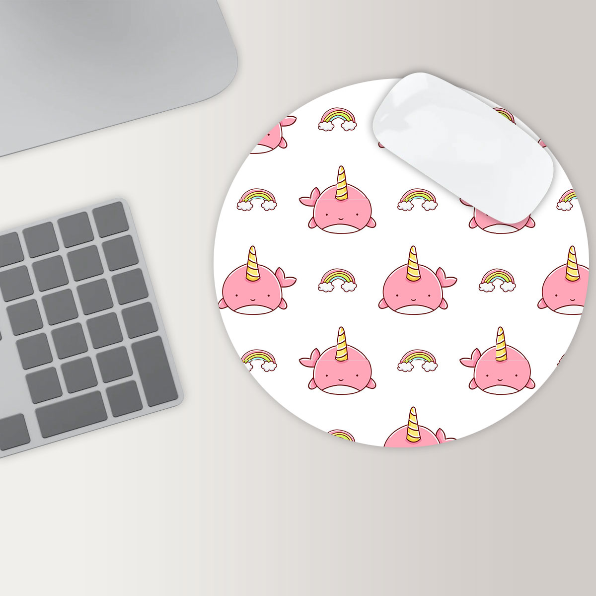 Cloud Pink Narwhal Round Mouse Pad