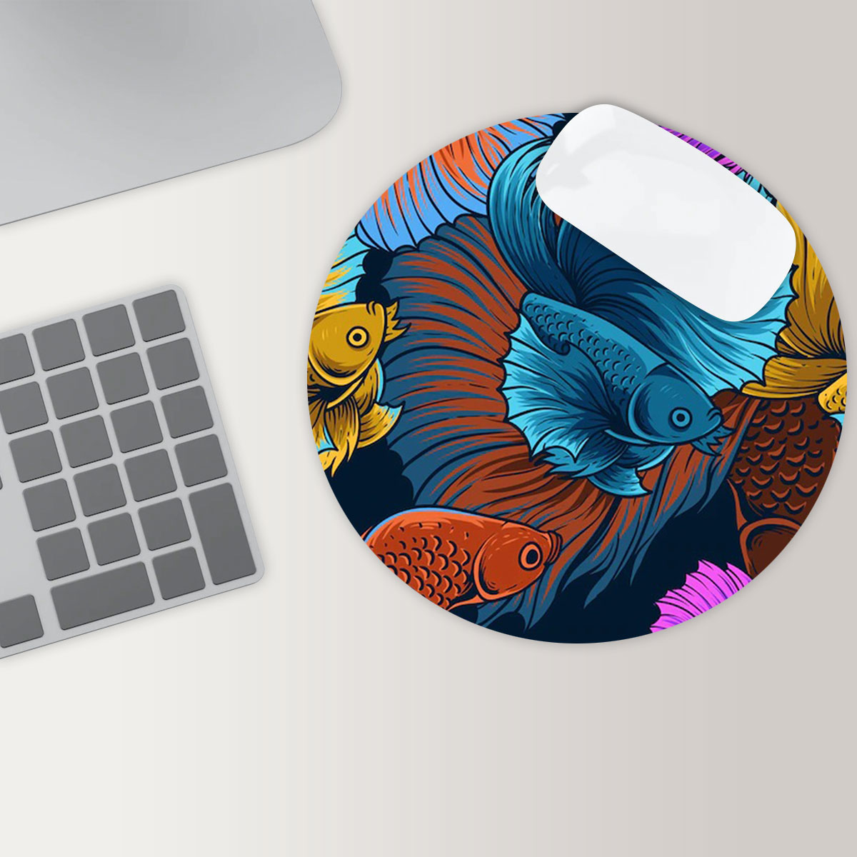 Colorful Cartoon Betta Fish Round Mouse Pad