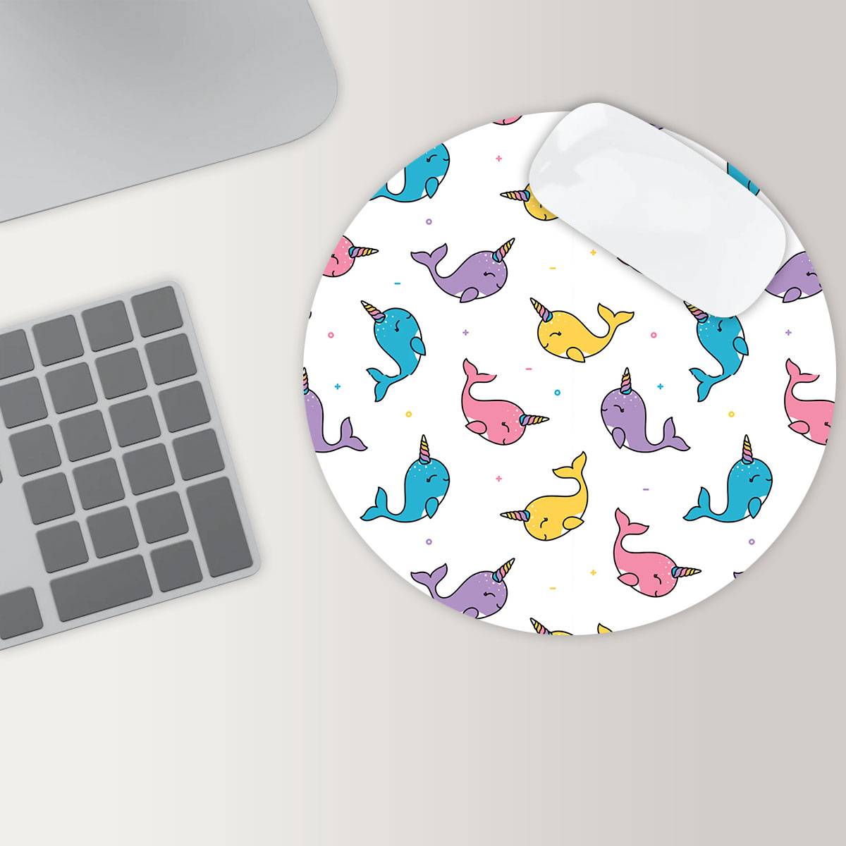 Colorful Happy Narwhal Round Mouse Pad