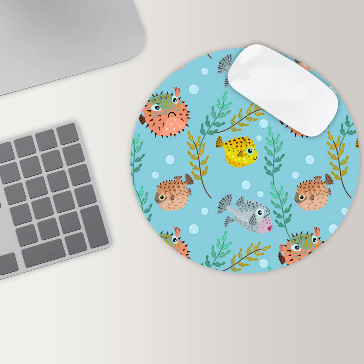 Cute Colorful Puffer Fish Round Mouse Pad