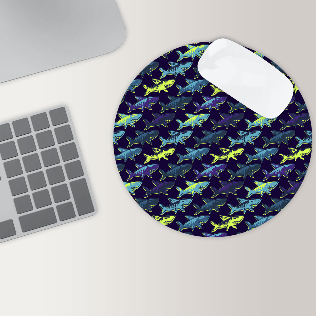 Cyber Great White Shark Round Mouse Pad