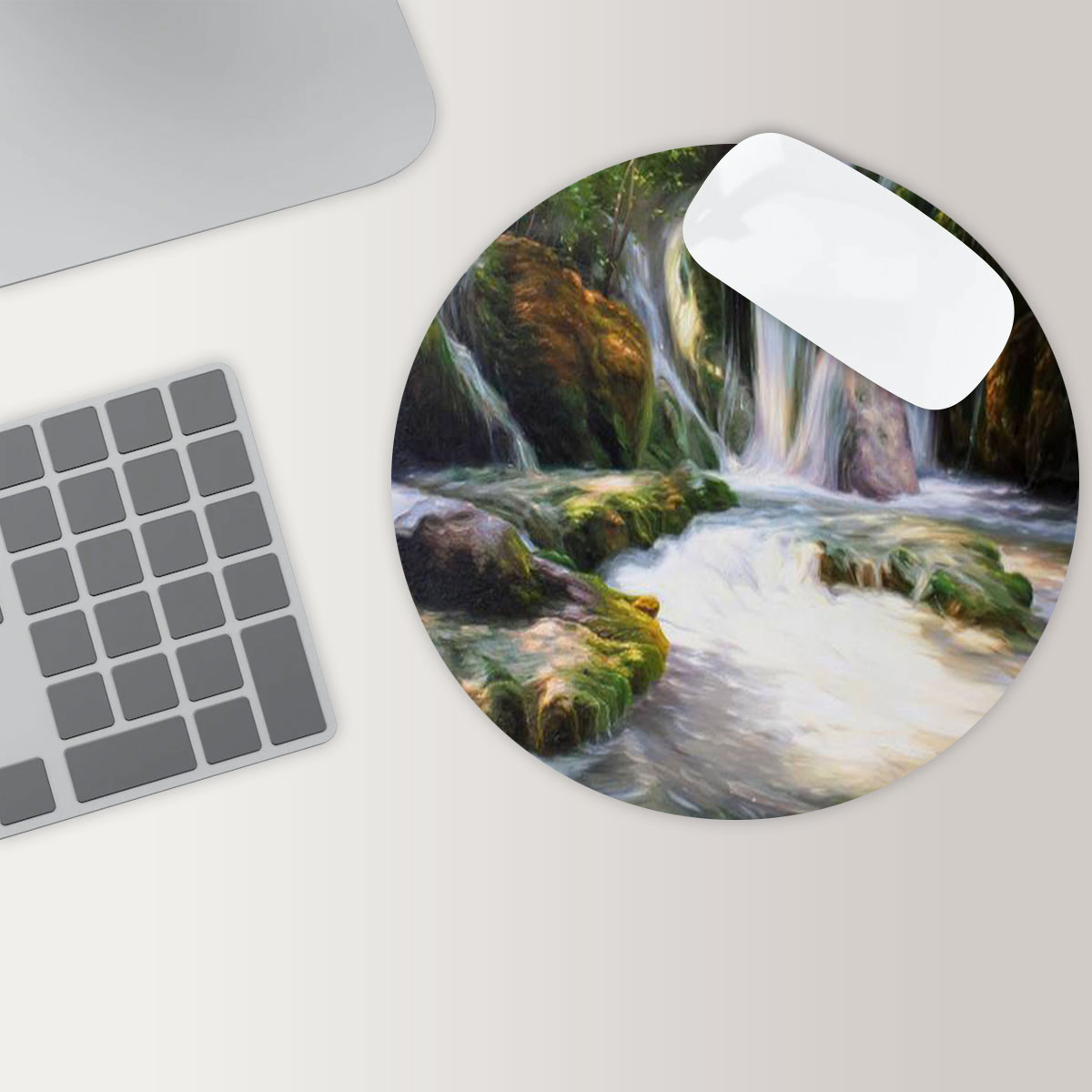 Deep Forest Waterfall Round Mouse Pad