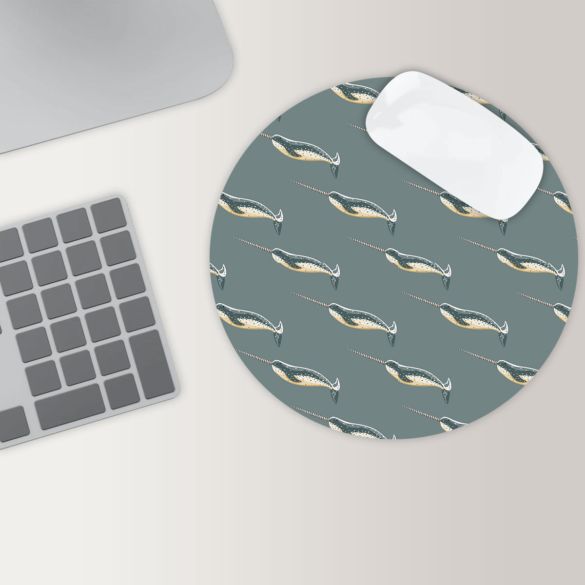 Deep Sea Narwhal On Teal Round Mouse Pad