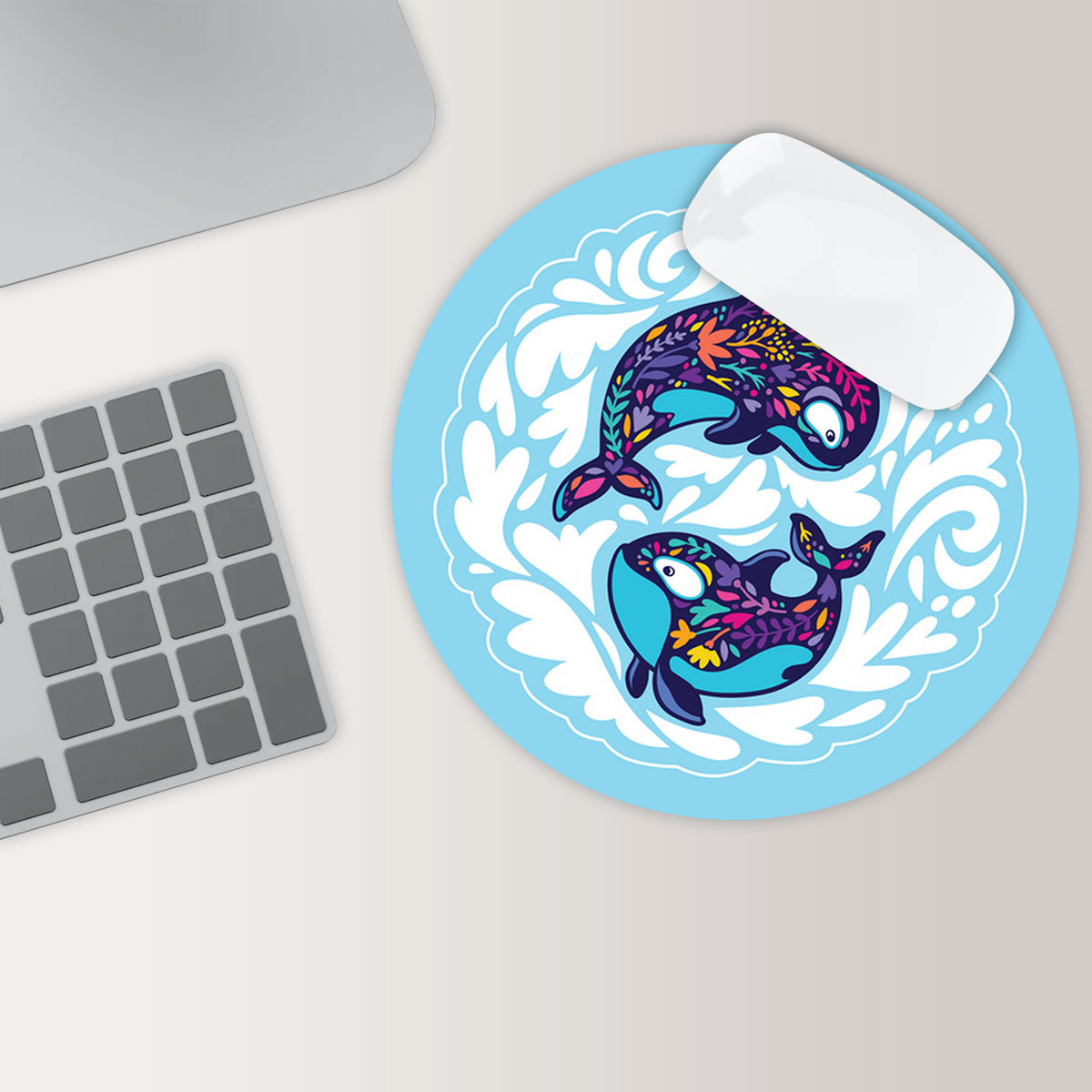 Double Floral Orca Round Mouse Pad