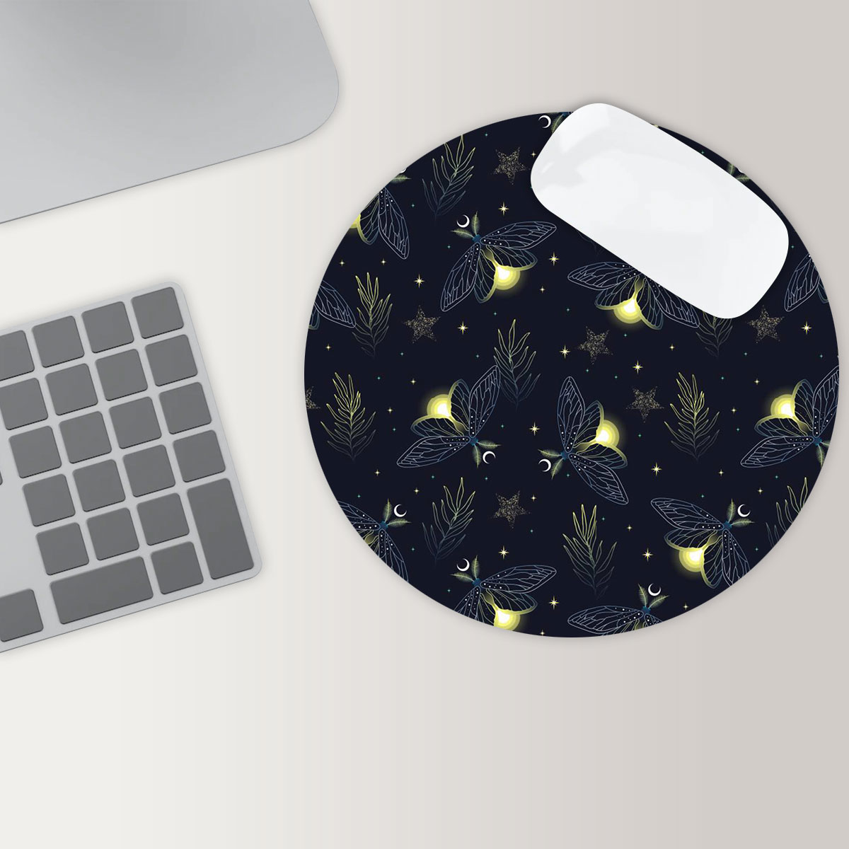 Dreamy Night Fireflies Round Mouse Pad