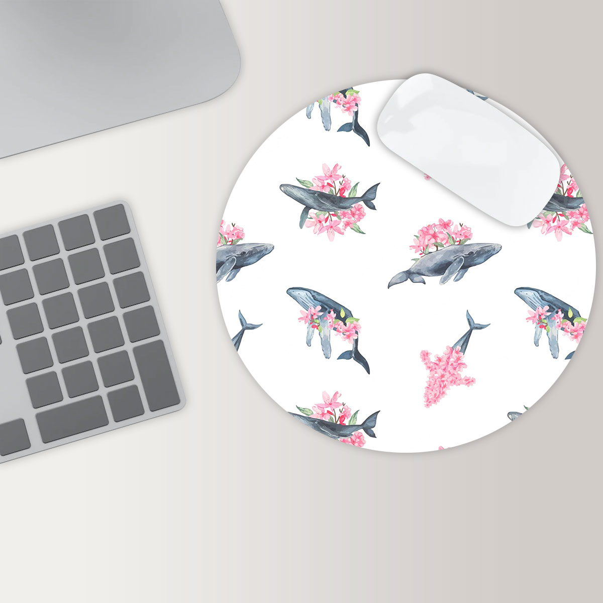 Floral Blue Whale Round Mouse Pad