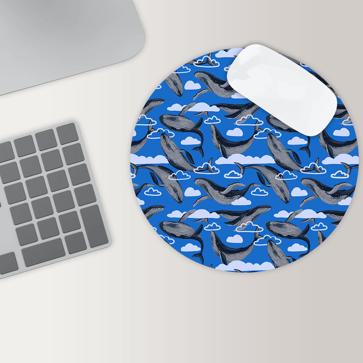 Flying Blue Whale Round Mouse Pad