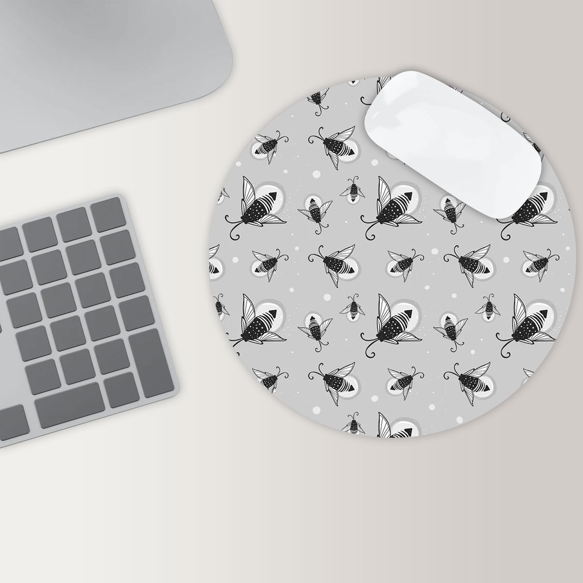 Grey Fireflies Round Mouse Pad