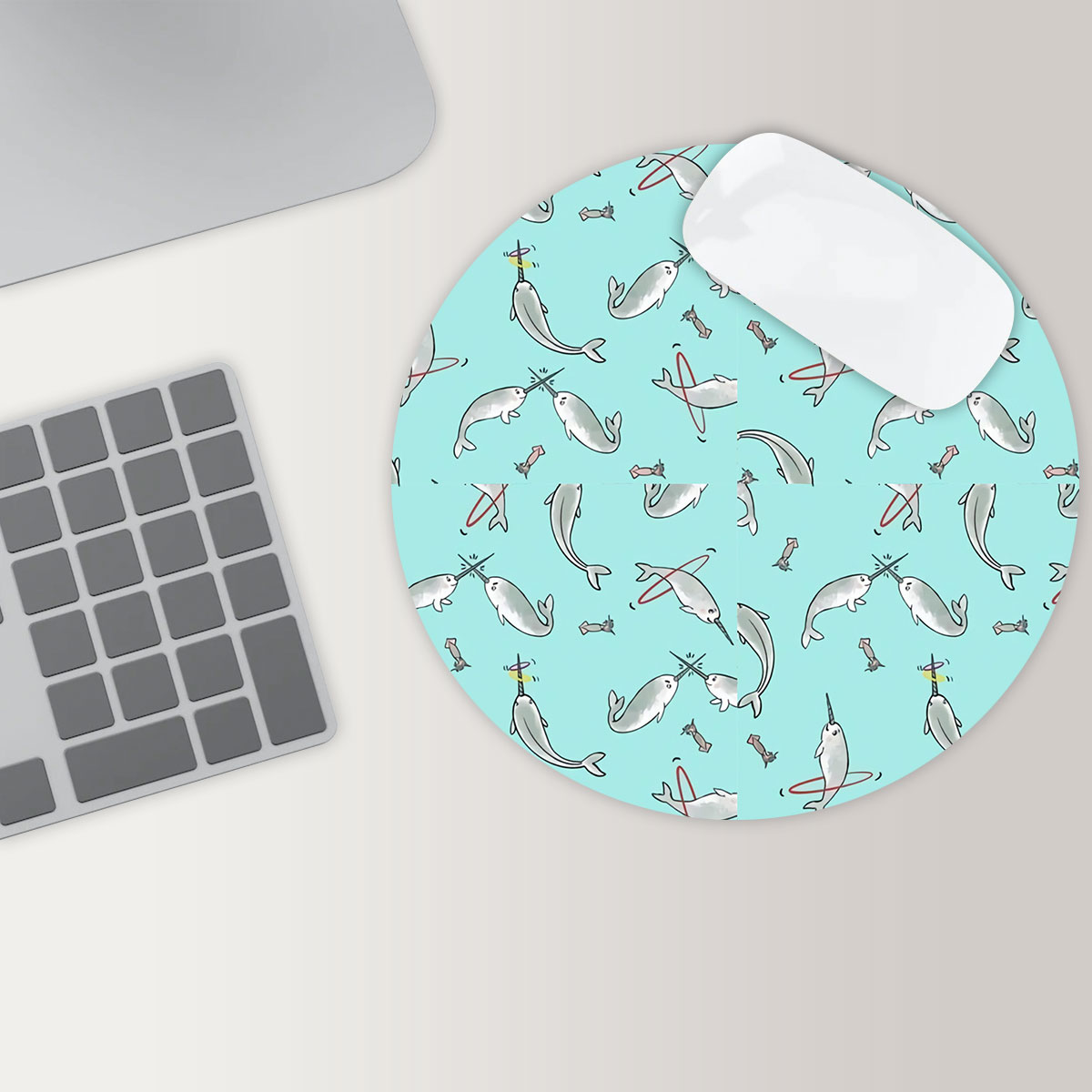 Grey Narwhal On Blue Round Mouse Pad