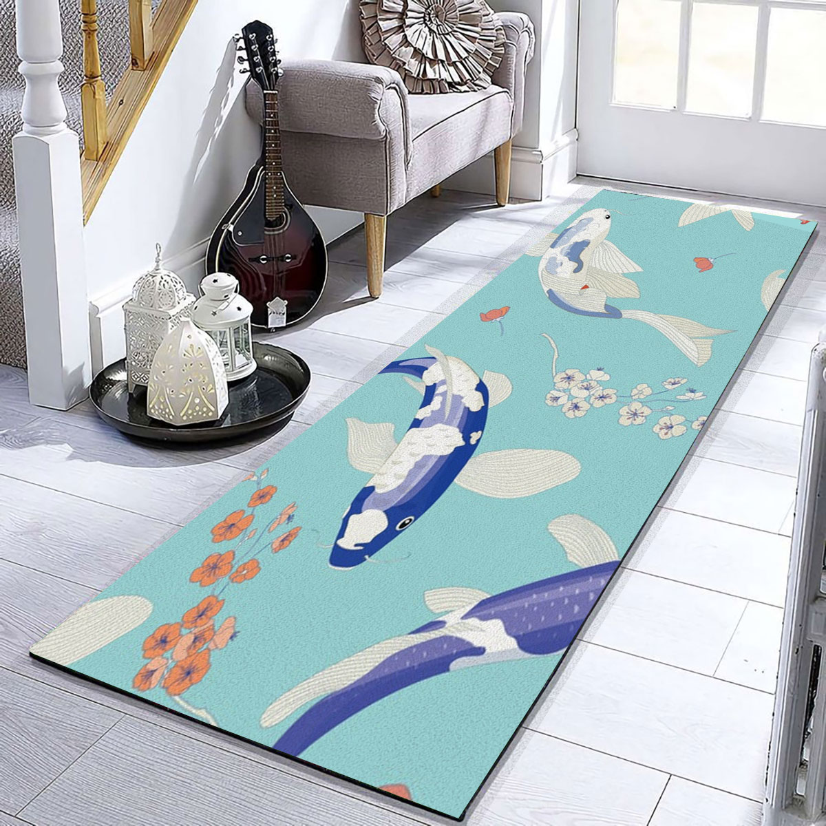 Floral Blue Koi Fish Runner Carpet