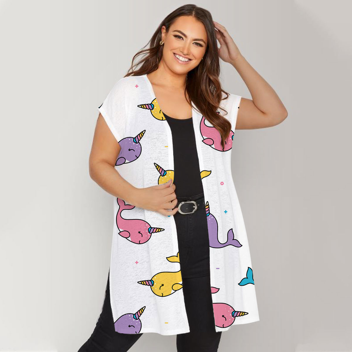 Colorful Happy Narwhal Short Sleeve Cardigan