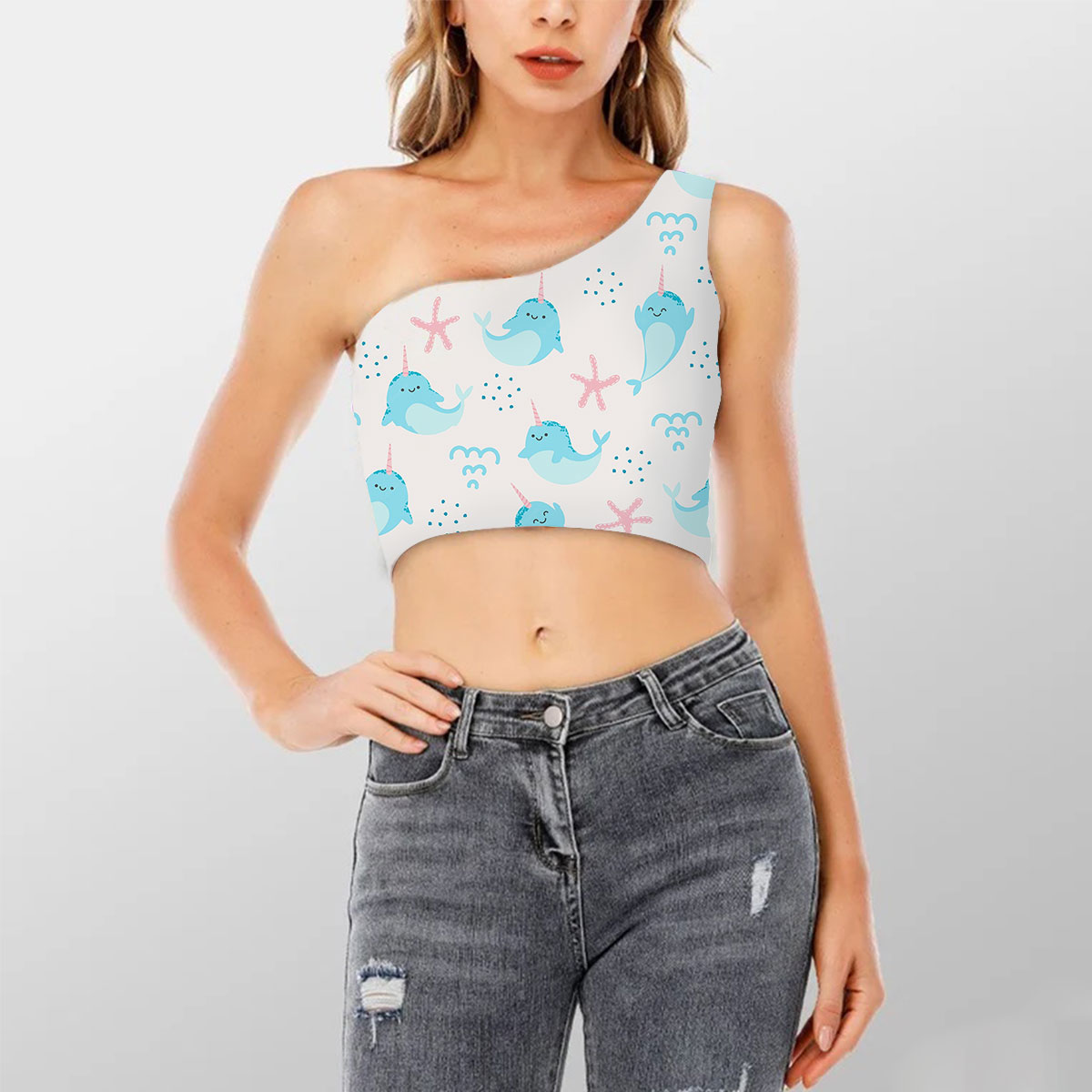 Cartoon Adorable Narwhal Shoulder Cropped Top