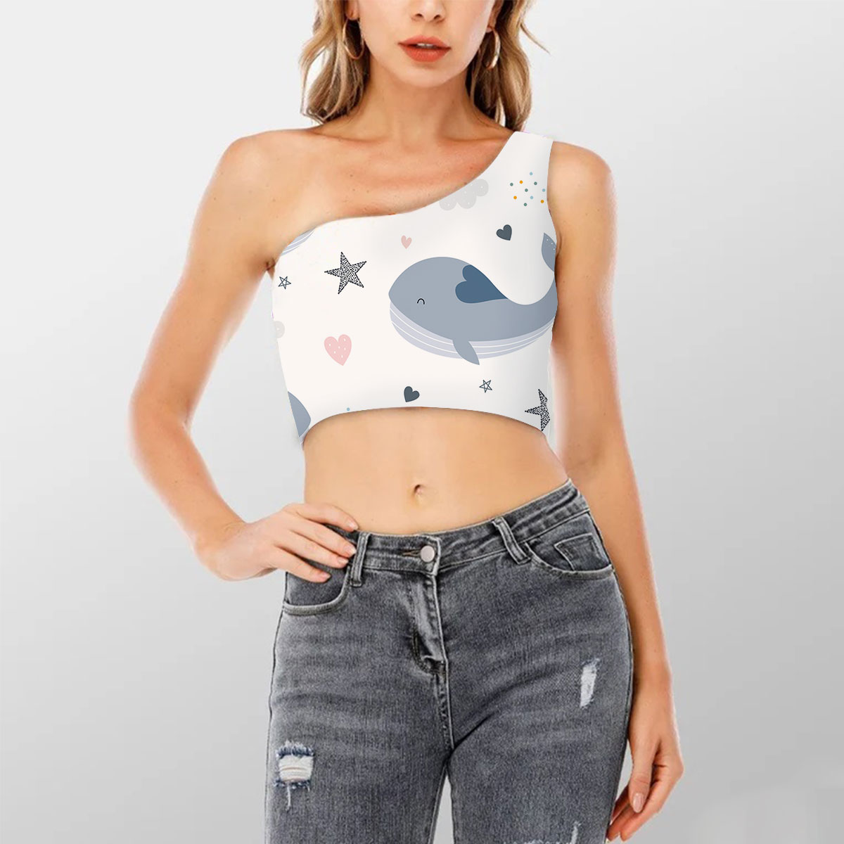 Cartoon Blue Whale Shoulder Cropped Top