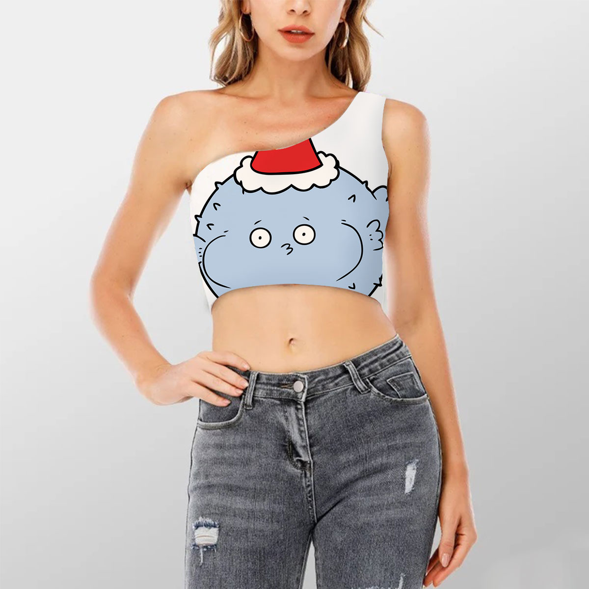 Cartoon Christmas Puffer Fish Shoulder Cropped Top