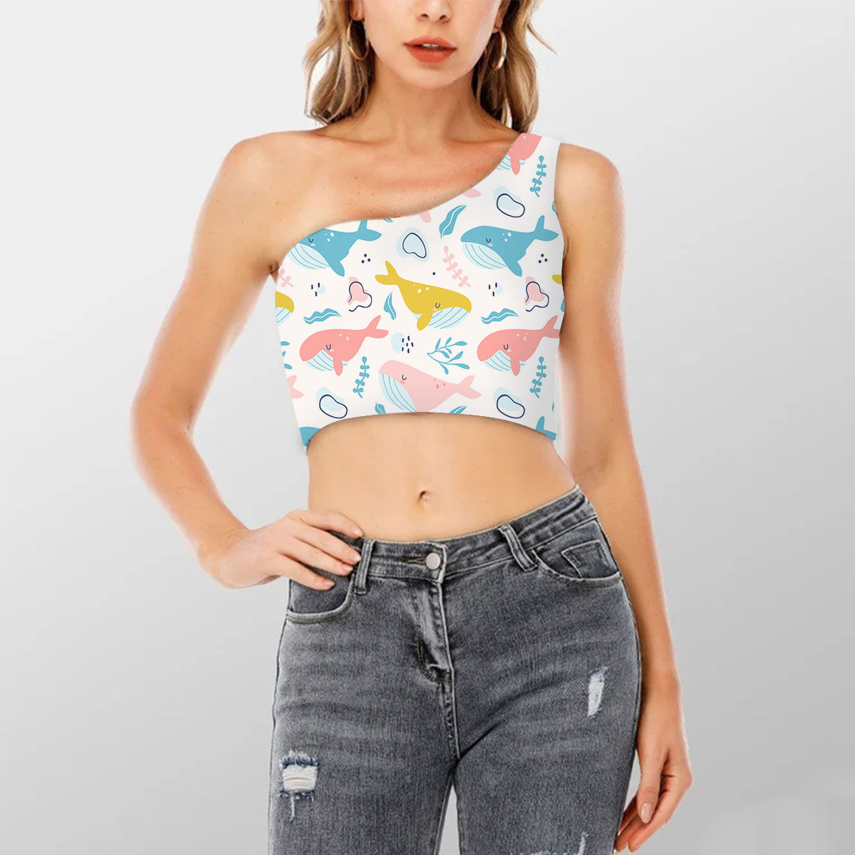 Cartoon Colorful Blue Whale Shoulder Cropped Top