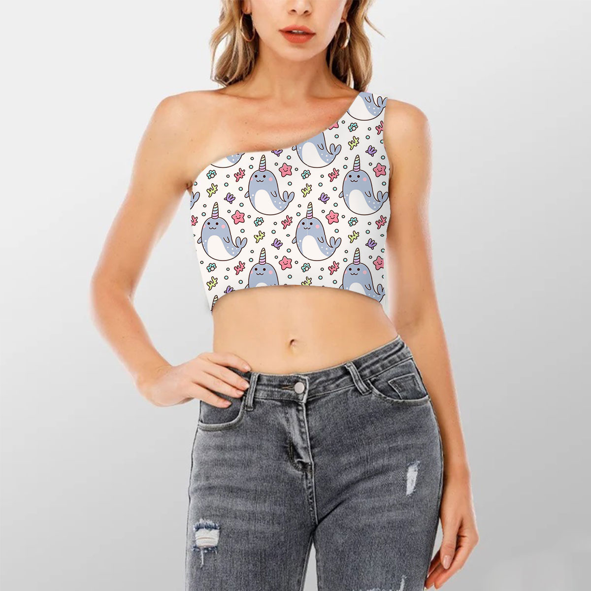 Cartoon Coral Narwhal Shoulder Cropped Top