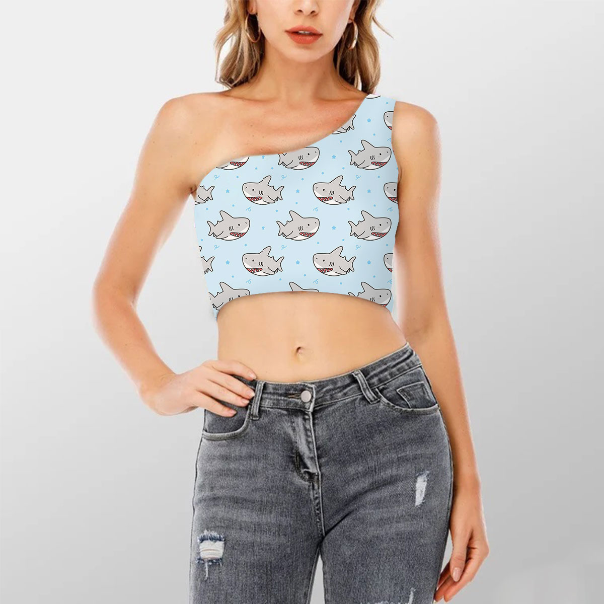 Cartoon Great White Shark Shoulder Cropped Top