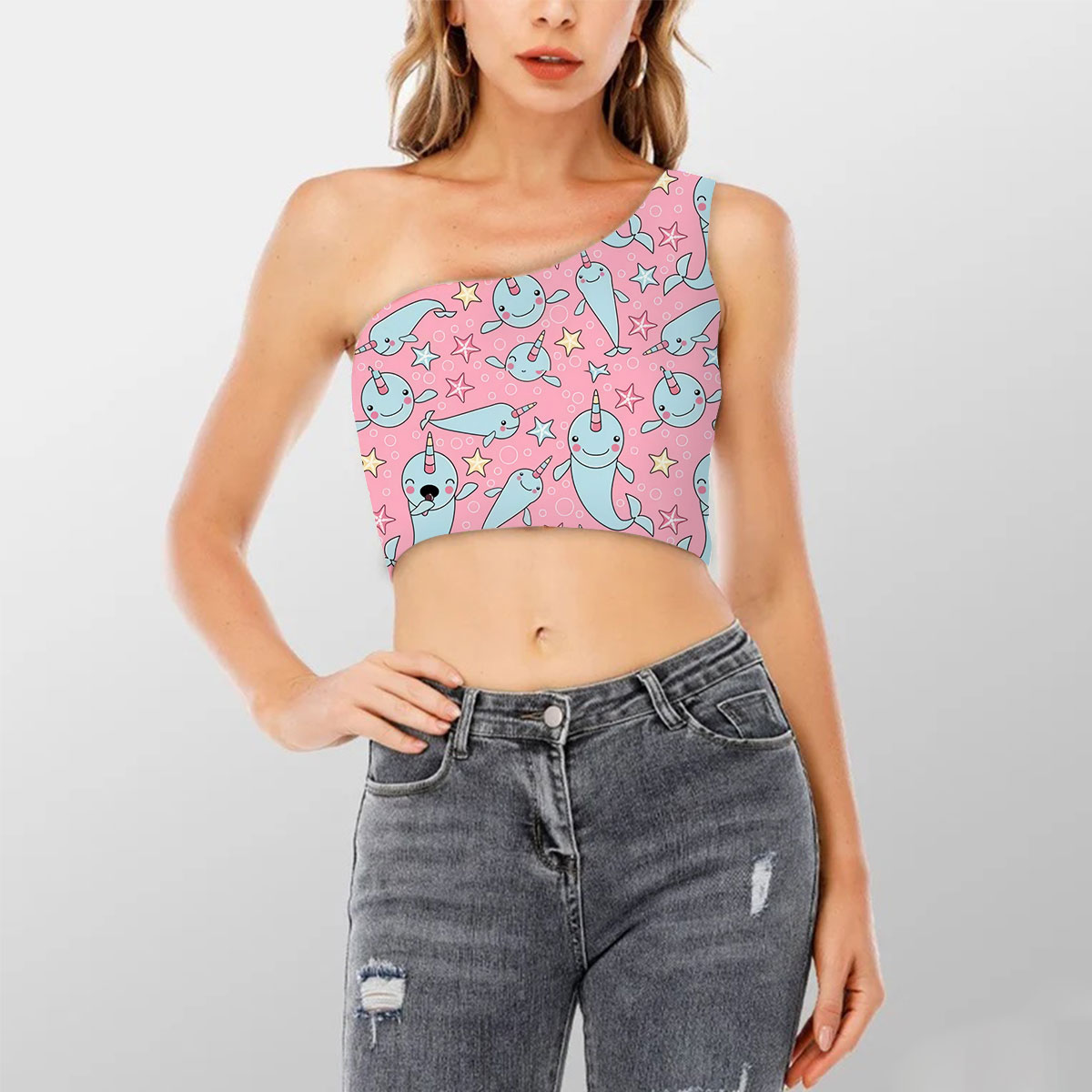 Cartoon Narwhal Pink Bubble Shoulder Cropped Top