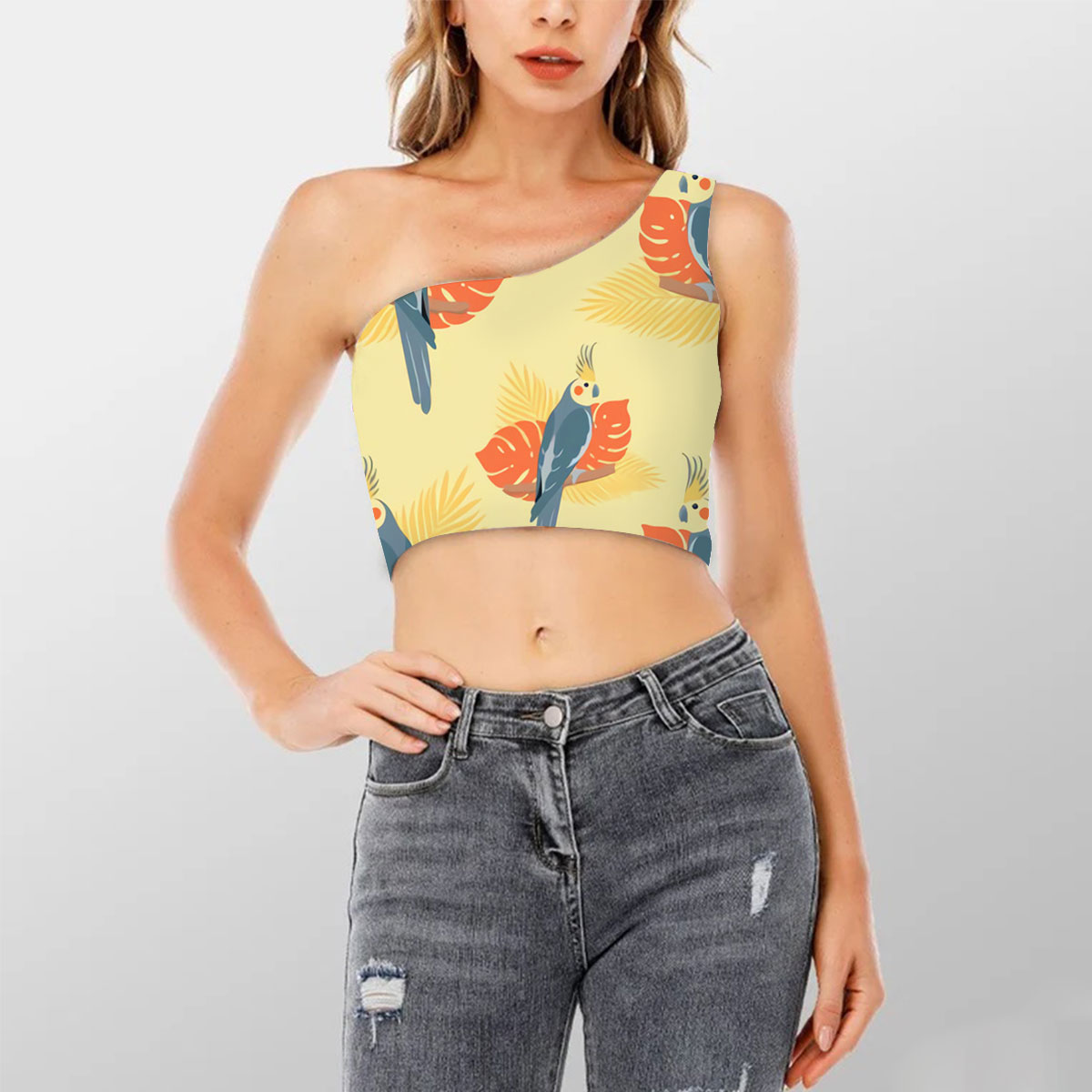 Cockatiel On Yellow Shoulder Cropped Top