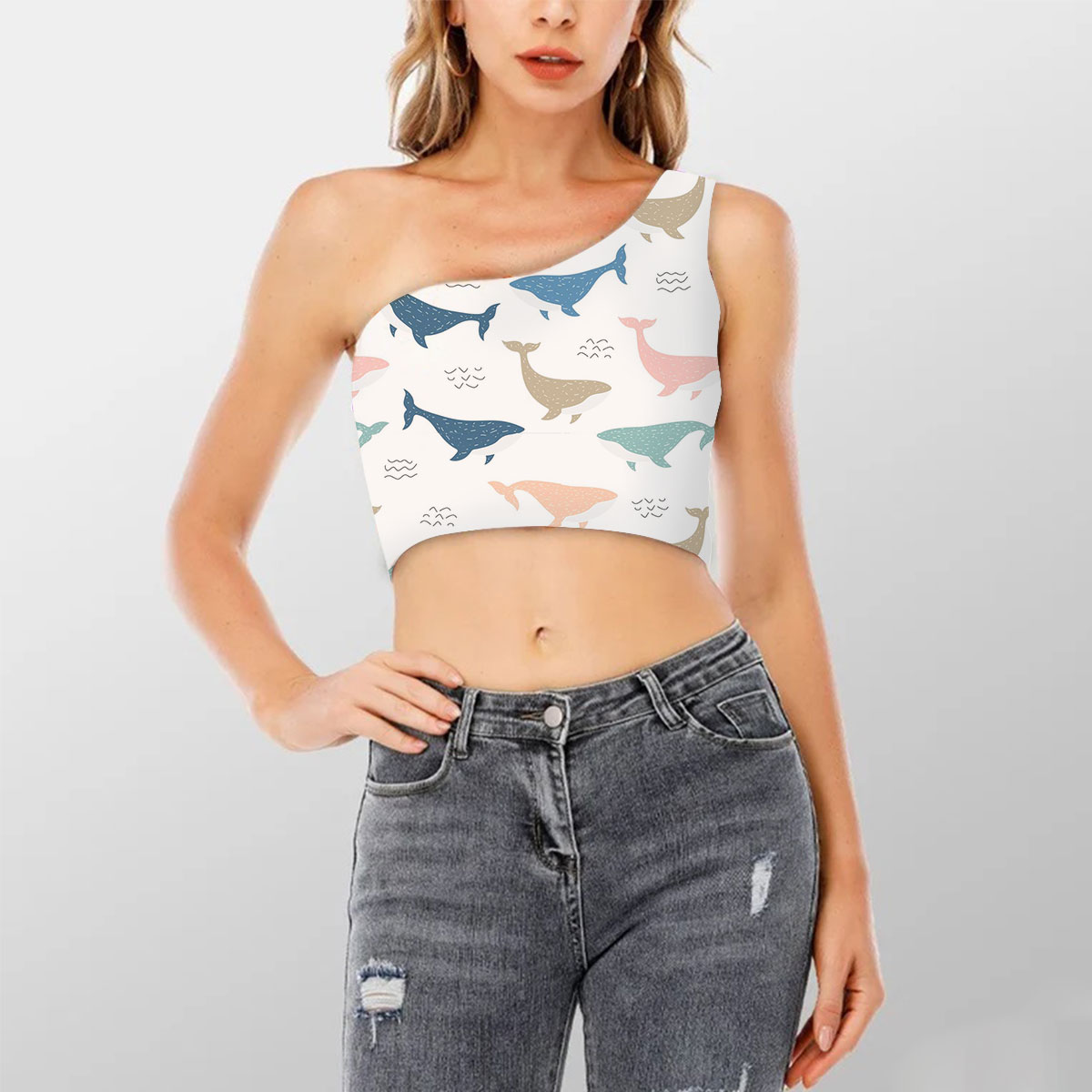 Colorful Blue Whale Shoulder Cropped Top