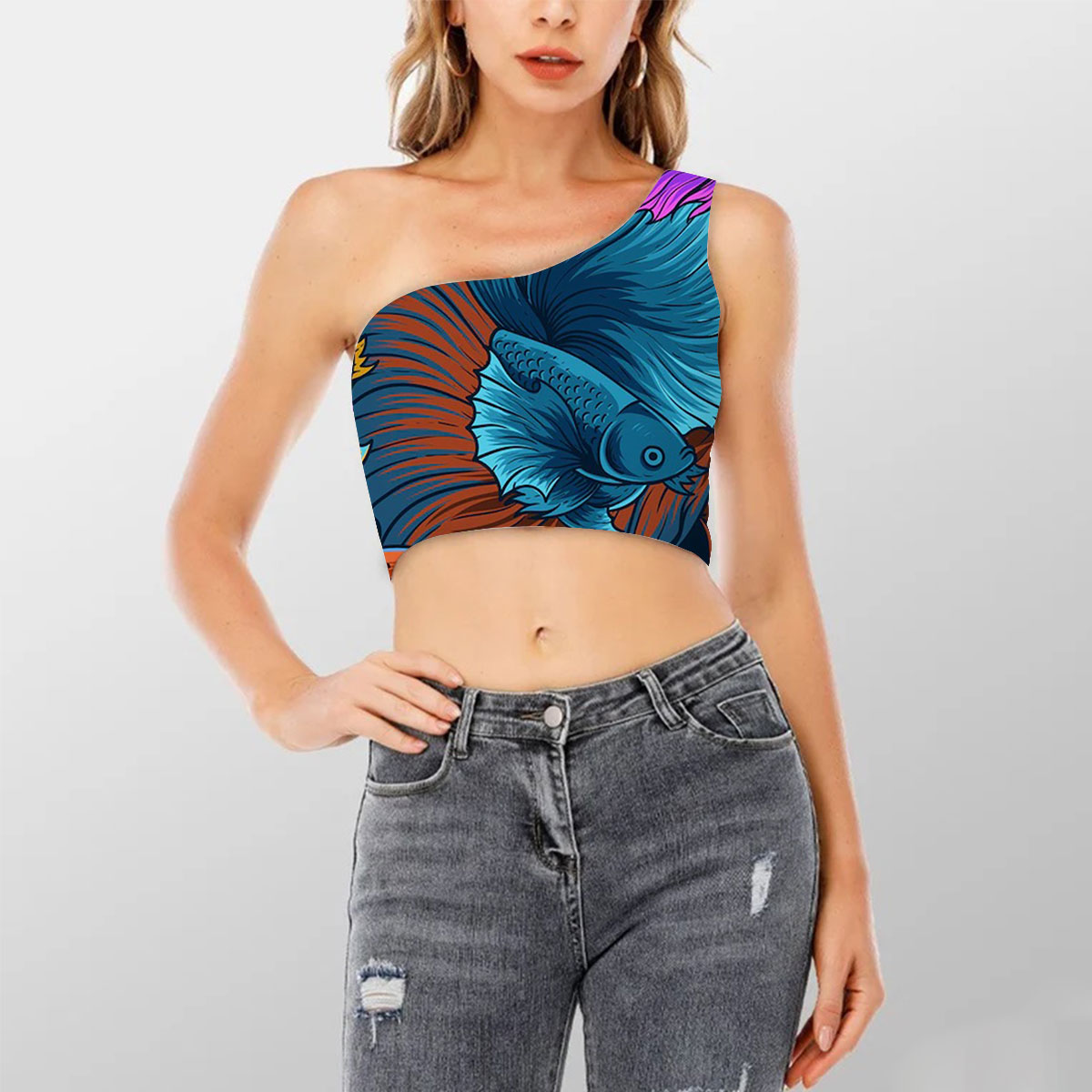 Colorful Cartoon Betta Fish Shoulder Cropped Top